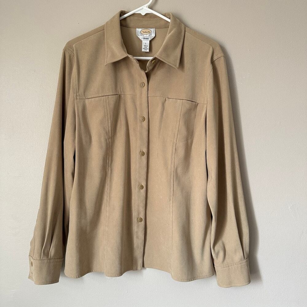 Talbots Stetch Faux Suede Shirt Womens LARGE Button Up Classic Fall Career Tan